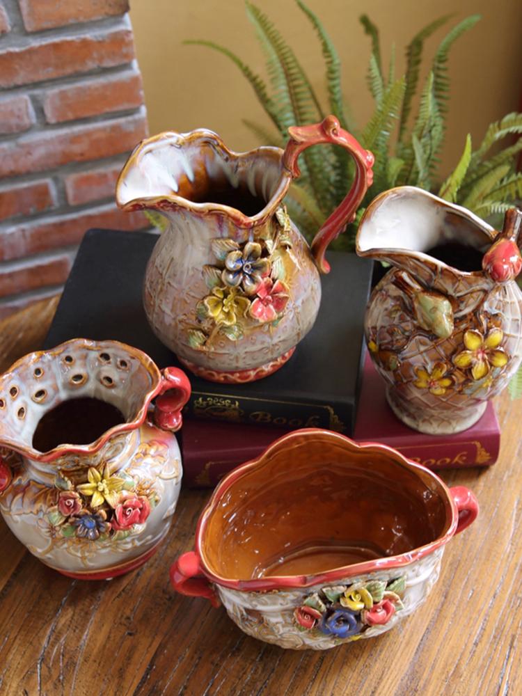 Vase Ceramic Desktop Ornament Painted Pastoral Hand-relief Glazed  Floral Decoration Suitable for Outdoor Garden Living Room 1Pc