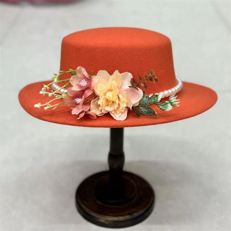 Dark Brown Faux Floral Felt Hat Wedding Hat Women'S Jazz Hat Panama French Elegant Felt Hat Somprero Mujer Chapeau Femme Luxe
