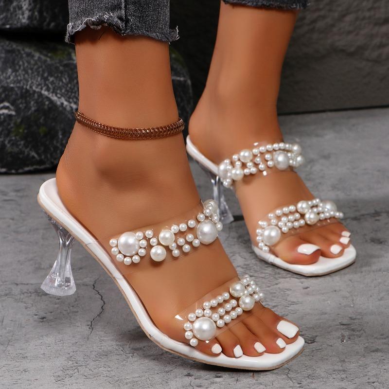 

Модные женские босоножки на шпильке, летние новинки, квадратный носок, жемчужный прозрачный ремешок, фиксация стопы, противоскользящая износостойкая подошва, высокий каблук 42 белый