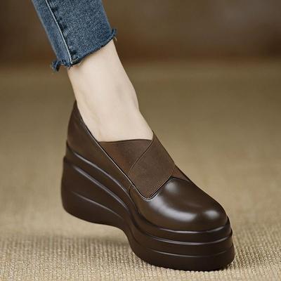 Loafer mit dicker Sohle und Schwammsohle 2025 neue Frühjahrs- und Herbst-Allround-Keilabsatz-Lederschuhe Damen-High Heels