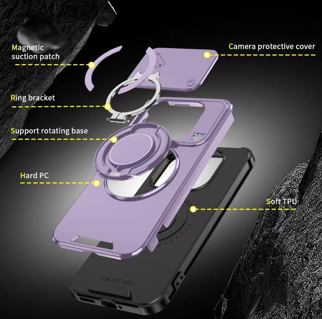 Armor Shockproof Magnetic Ring Stand Holder Phone Case For Xiaomi 15T 15T Pro Luxury Orange Purple Camera Flip Protection Cover