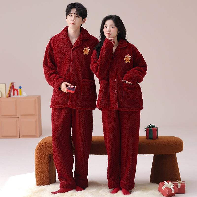 Couple Pajamas Women'S Autumn And Winter Coral Fleece Birth Year New Wedding Festive Big Red Men'S Loungewear Suit