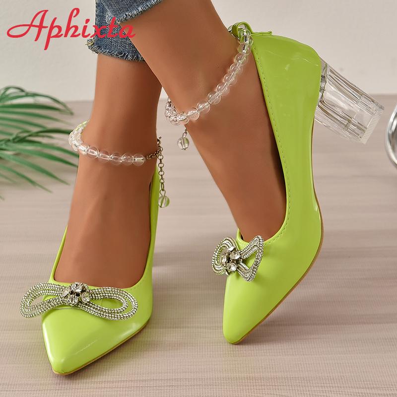 Fashion Aphixta  New Luxury Crystals Bow Transparent Bead Chain 7cm Transparent Chunky Heels Pumps Women Shoes String Bead Belt Chain