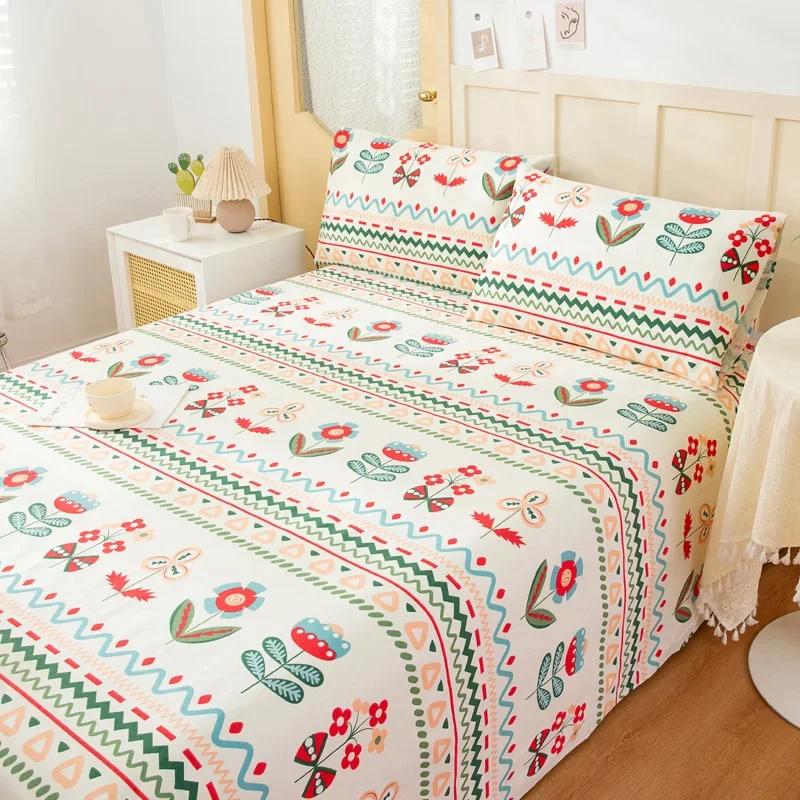 Creative Ethnic Flower Bed Sheet Set 3Pcs Cotton Thickened Bed Sheets Pillowcases Luxury Nordic Queen King Size Bedding Set