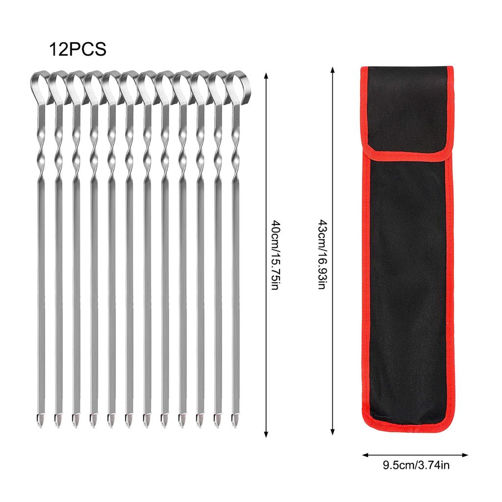 12 Stück BBQ-Spieße 40cm Edelstahl Flache Gabeln Wiederverwendbare Grill-Röststäbe Mit Tasche Für BBQ Outdoor-Gadgets Küchenutensil