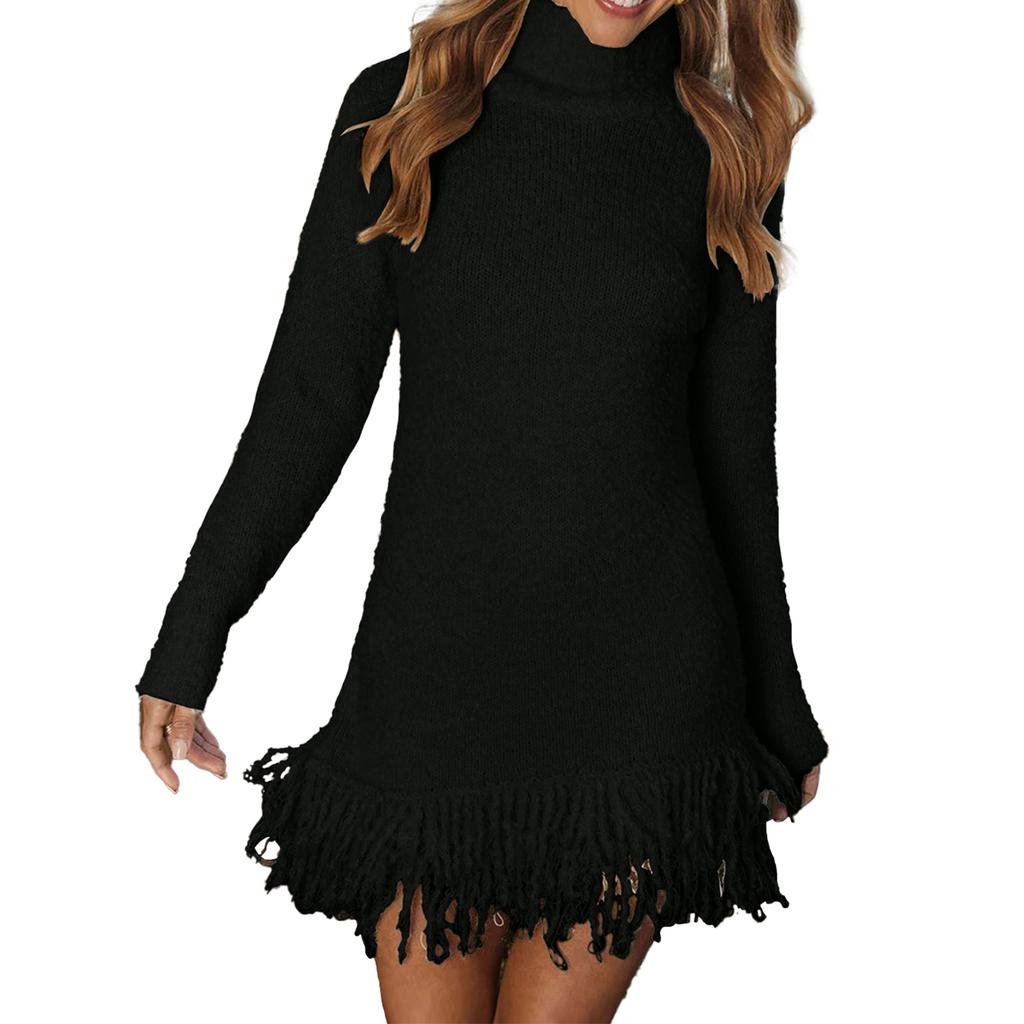 Women's Fringed Fashionable Knitted Sweater High-neck Sweater Dress