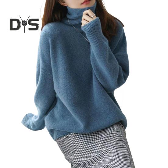 

Жіночий светр з високим коміром і довгим рукавом, однотонні трикотажні топи вільного крою, потовщений пуловер, трикотажні вироби S синій