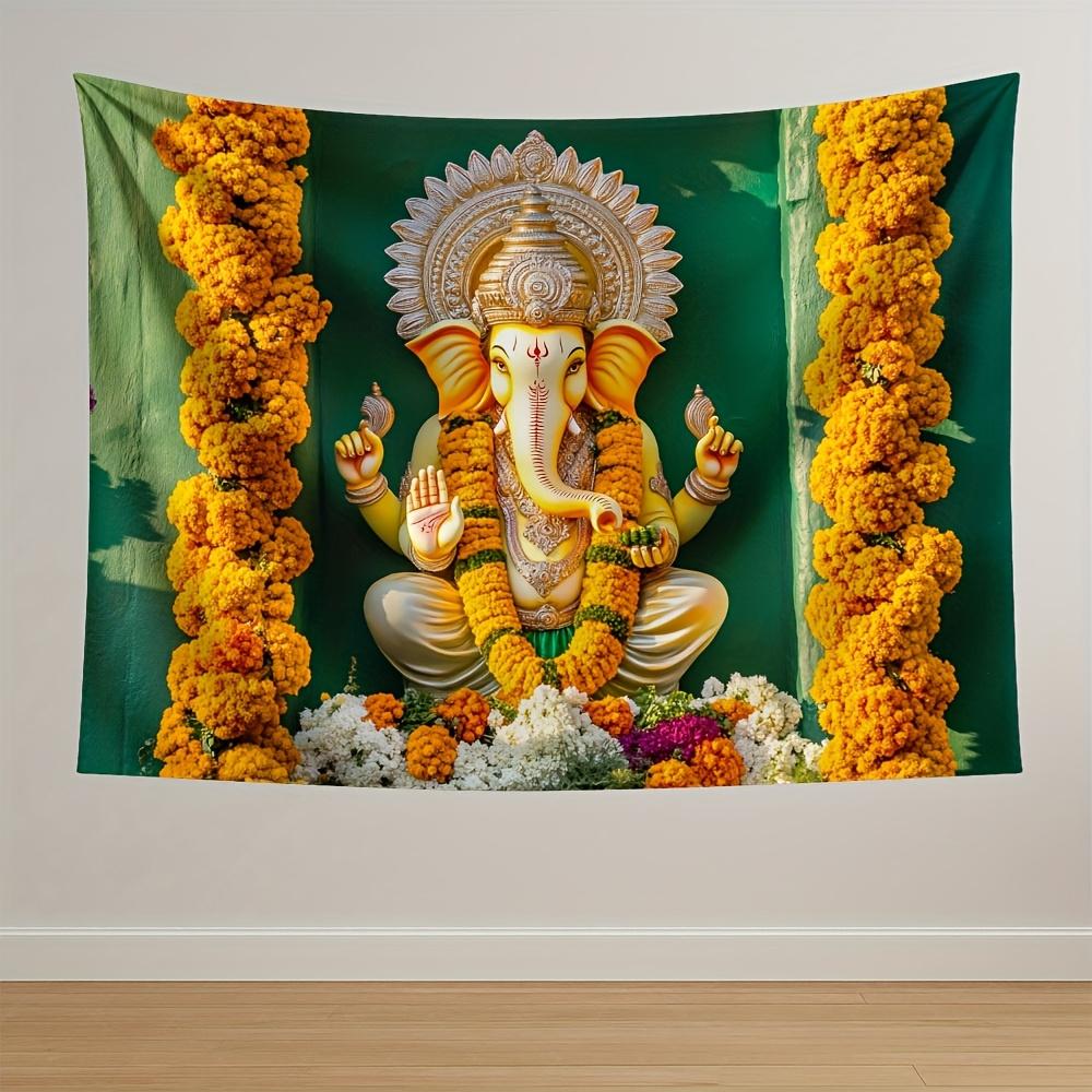 Divine Ganesha Tapestry  Vibrant Floral Border Ornate Design  Sacred Symbols for Spiritual and Cultural Home Decor Wall Art 74x94cm(29x37in)