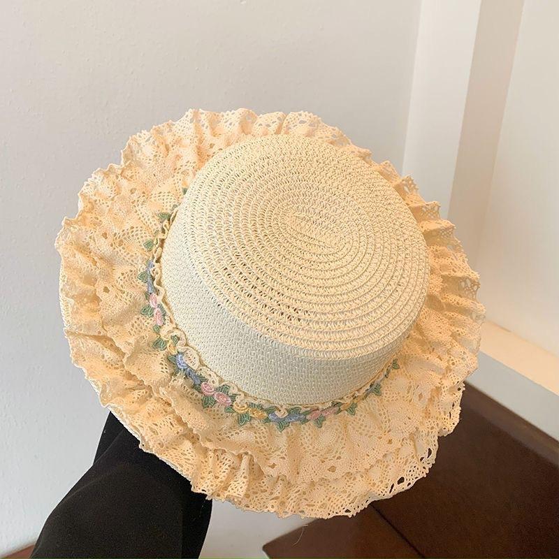 Flat-top straw hat women's straw top hat, new summer big-brimmed sun hat, seaside vacation sun hat