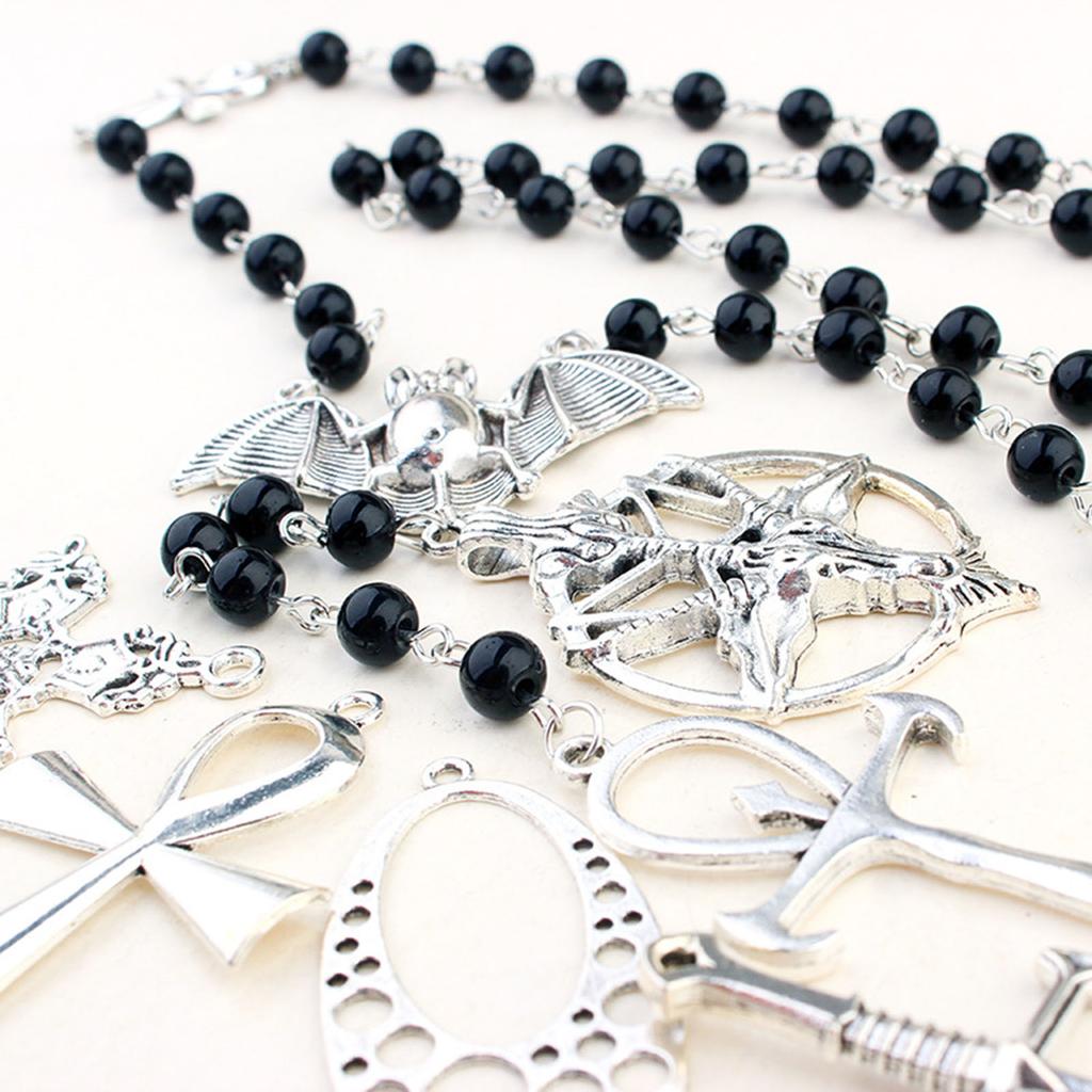 Ankh Kreuz Schwarze Rosenkranzperlen Fledermaus Halskette Gotisch Lange Pulloverkette Schmuck