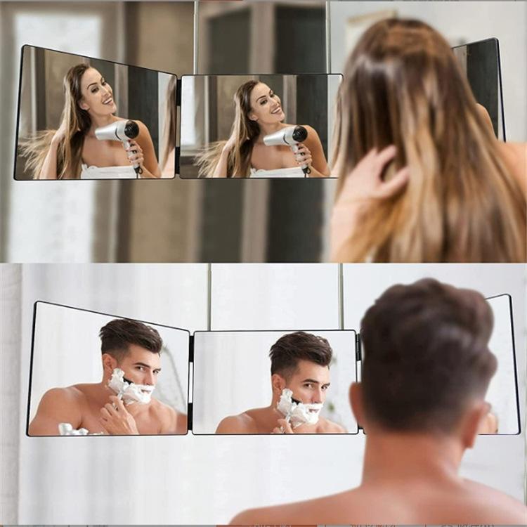 Specchio per Trucco da Viaggio Portatile Pieghevole a 3 Ante a 360° con Gancio Telescopico Regolabile in Altezza per Taglio dei Capelli Fai-da-te Rasatura Regali