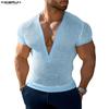 INCERUN Summer Men V Neck Short Sleeve Mesh See Through Hollow T-shirts Tops