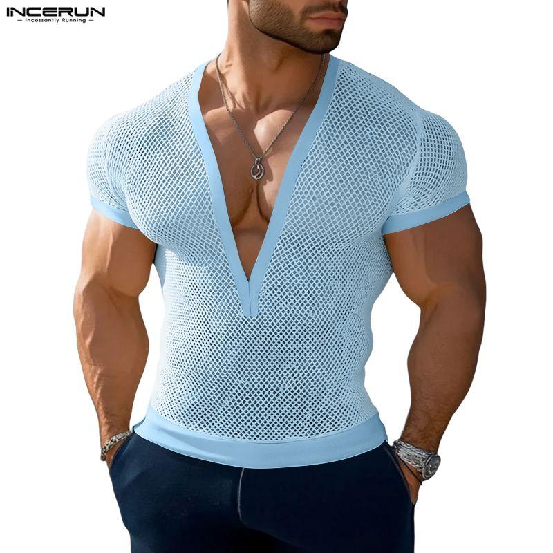 INCERUN Summer Men V Neck Short Sleeve Mesh See Through Hollow T-shirts Tops
