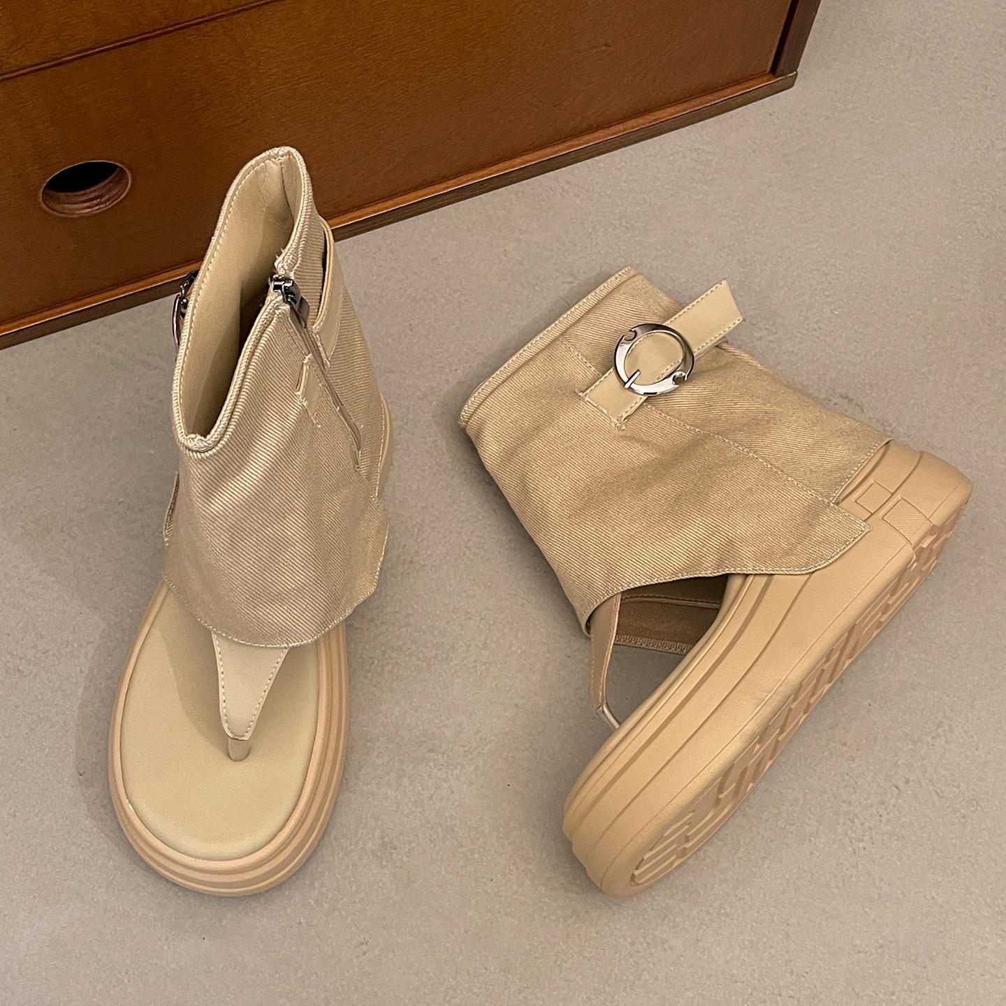 

Popular white retro heightened platform herringbone sandals women s 2025 new summer wear non-slip French short boots 40 хаки