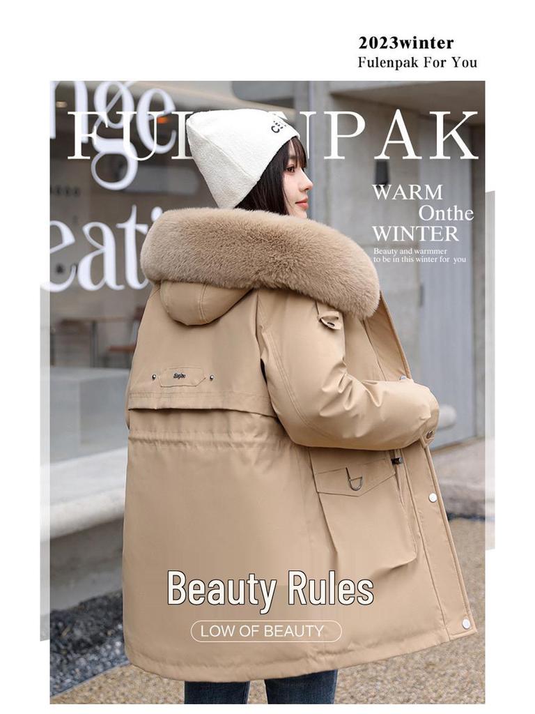 Vielseitiger Damen-Winterparka mit abnehmbarem Futter und Pelzkragen, tailliert, fleecegefüttert, dicker Baumwollmantel.