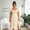Large size women's clothing summer new French floral dress square neck bubble sleeves waist thin medium and long retro dress