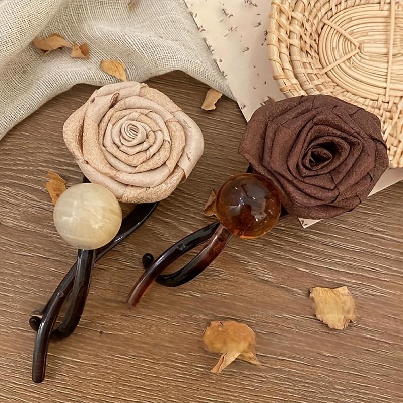 

2pcs New Elegant Style Artificial Rose Flower Round Bead Hair Clips for Women, High-End Twist Claw Clip and Barrette Hair Accessories 2pcs