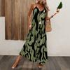 Ladies Lake Blue Abstract Ink Printing V-neck Thin Suspender Long Dress Loose Pendant Big Pendulum Vacation Leisure Beach