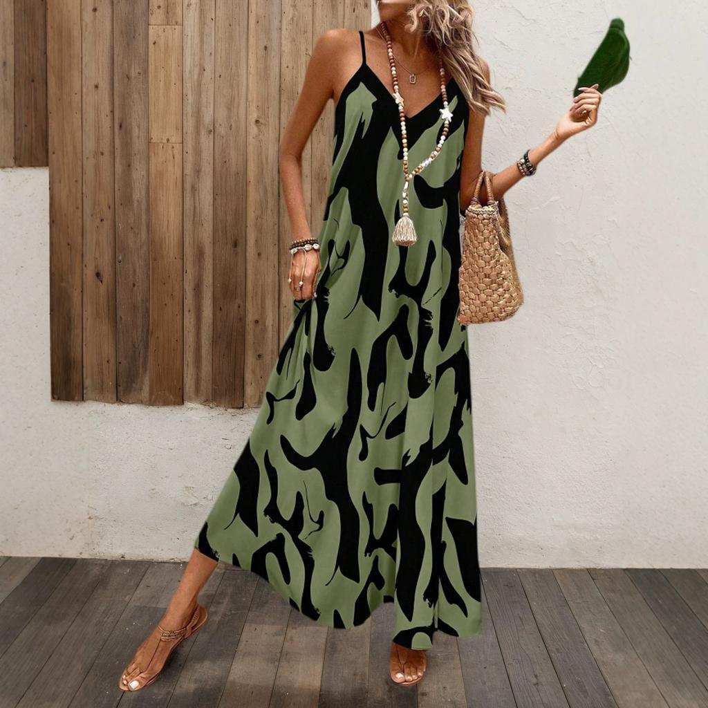 Ladies Lake Blue Abstract Ink Printing V-neck Thin Suspender Long Dress Loose Pendant Big Pendulum Vacation Leisure Beach