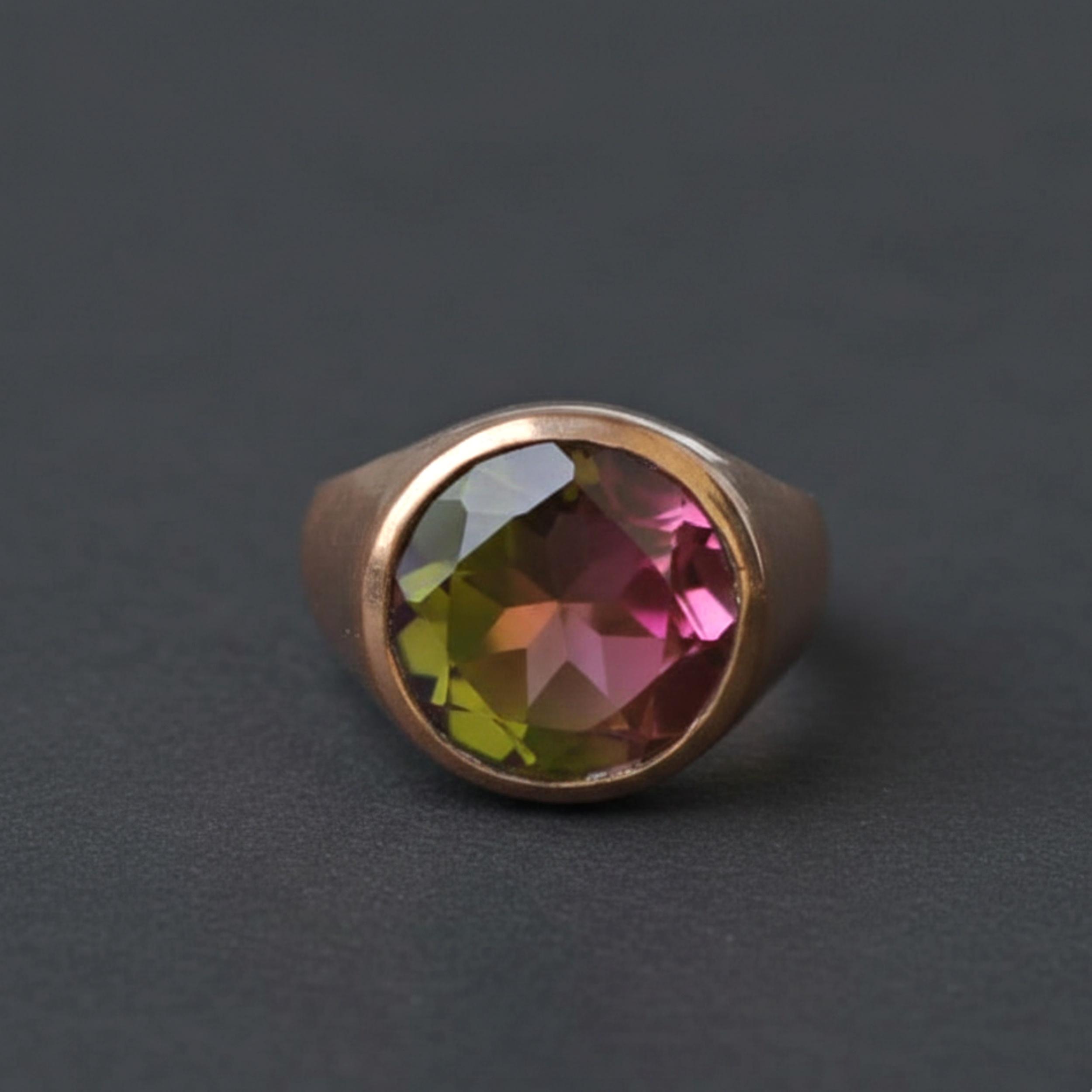 Round Watermelon Tourmaline Signet Ring - 925 Sterling Silver, Pure Copper Multicolor Gemstone Ring, Handmade Jewelry 4