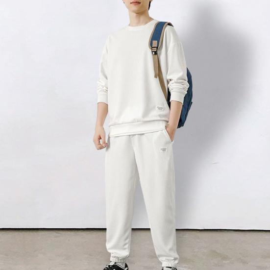 2Pcs/Set Men Casual Sport Suit Waffle Texture O-neck Long Sleeve Sweatshirt Elastic Waist Pockets Jogger Pants Set Loose Fit Sweatshirt Suit