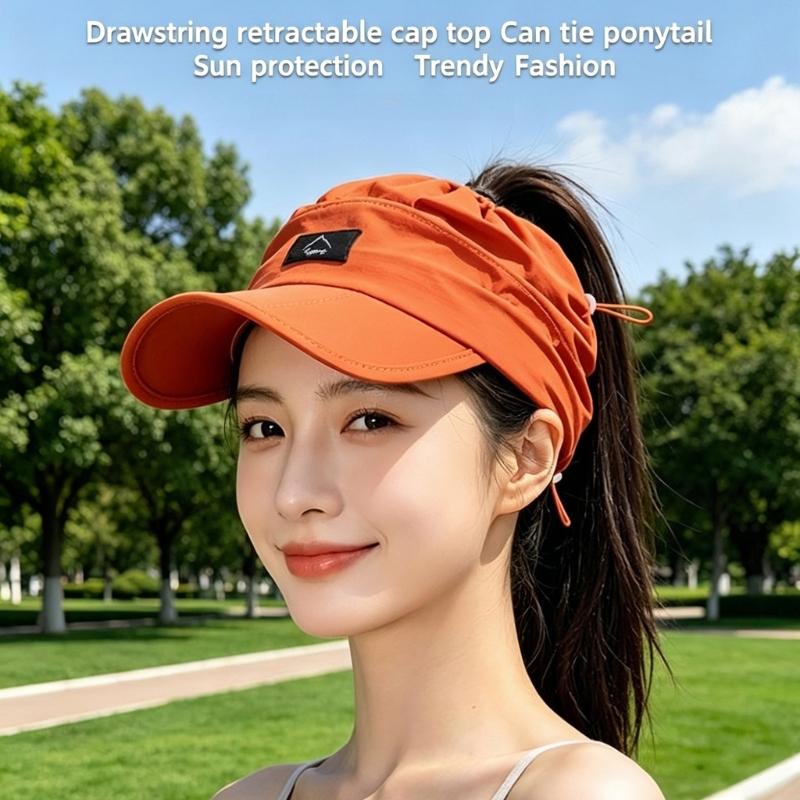 Women's Packable Open-Top Sun Hat Cap, Breathable Nylon Ponytail Style with Front Bill for Hiking and Holiday Travel
