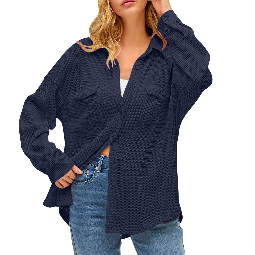 Women's Pocket Blouse Solid Color Casual Loose Long Sleeve Top