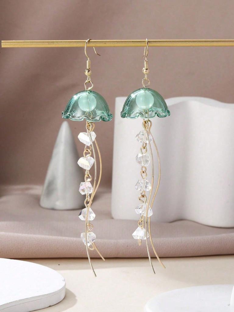 Women's Jellyfish Earrings - Geometric Tassels, Lightweight Dangle Earrings With Iridescent Jellyfish Pendant