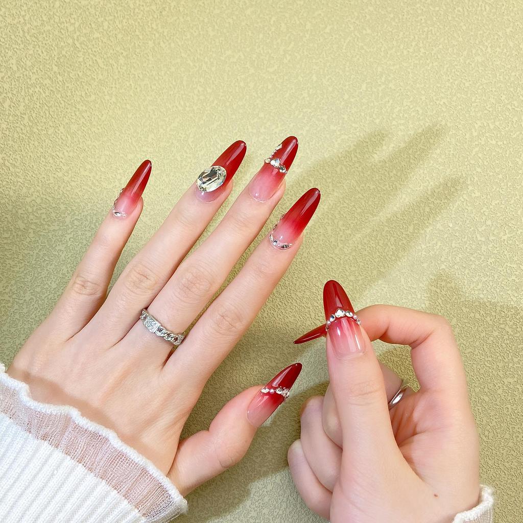 Handmade Rhinestone Wine Red Gradient Press-on Nails – High-End, Long Ladder Style, Full of Aura.