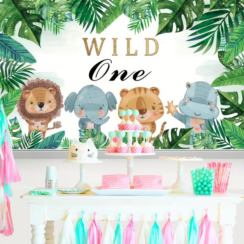 2D Watercolor Jungle Animals Backdrop for Baby Birthday Celebrations