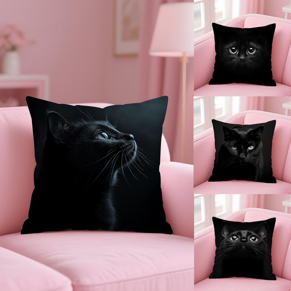 Black Cat Cute Kitty Cushion Cover Plush Fabric Soft Double-Sided Printed Sofa Warm Winter Home Gift Pillow Cover