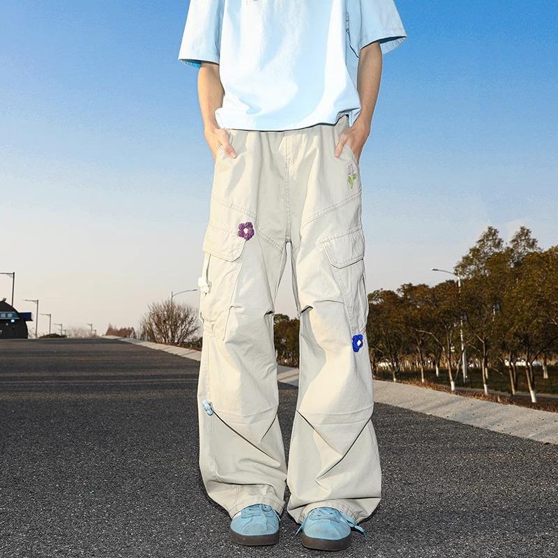 Three-dimensional Deconstructed Flower Embroidery Work Clothes Casual Pants for Men and Women Summer Design Loose Straight Trousers