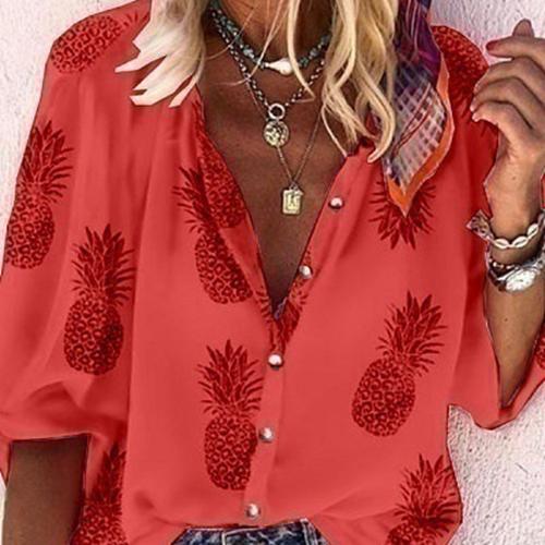 

Casual Pineapple Print Office Blouses Women Autumn Lapels ladies shirts Fashion Taste Access control Female Tops S червоний