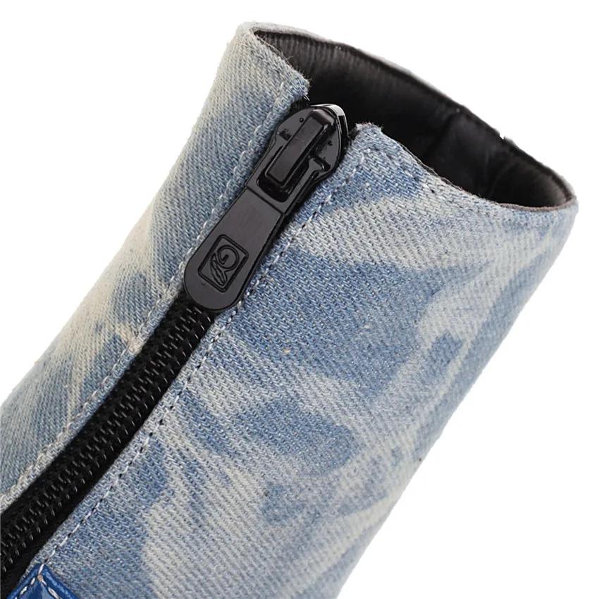 Stylish Women's Square Toe Denim Ankle Boots High Block Wooden Heels Winter Autumn Big Size Ladies Blue Jeans Zipper Short Boots