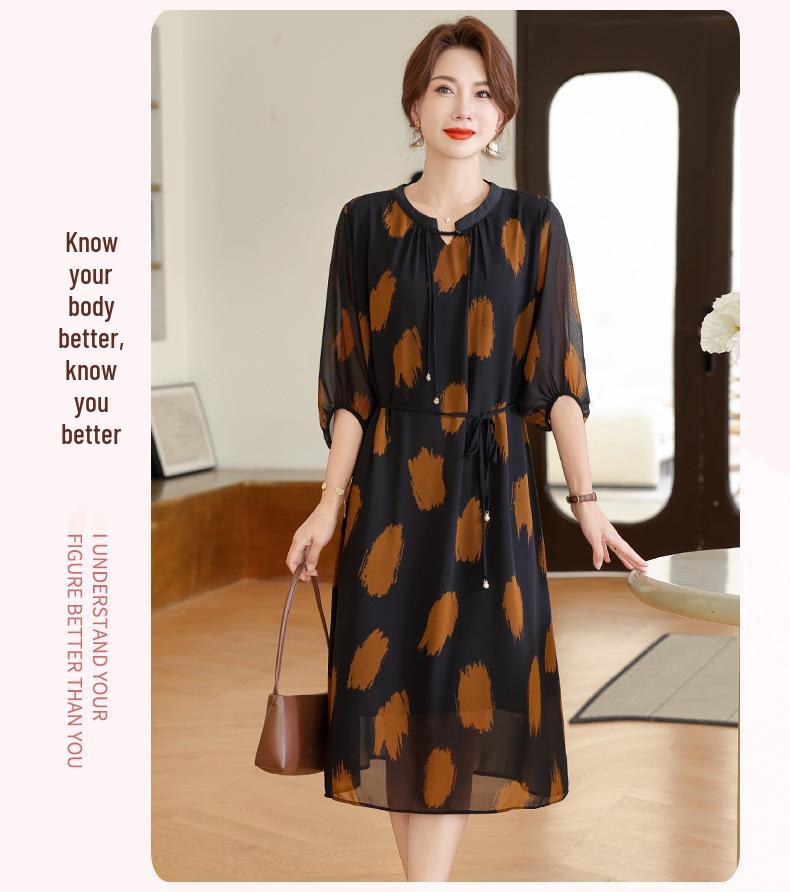 Summer Women's Short-Sleeved Chiffon Midi Dress with Meat-Print Design