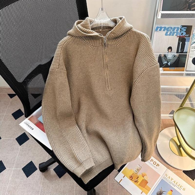 Men S Hooded Half Zip Knit Sweater Loose Warm Casual Pullover