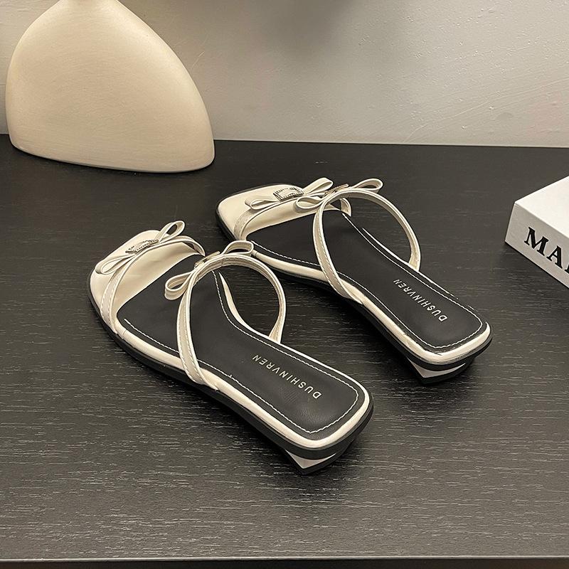 

French flat-bottomed simple slippers for women to wear in the summer of 2025, the new bow with casual versatile sandals 40 бежевый