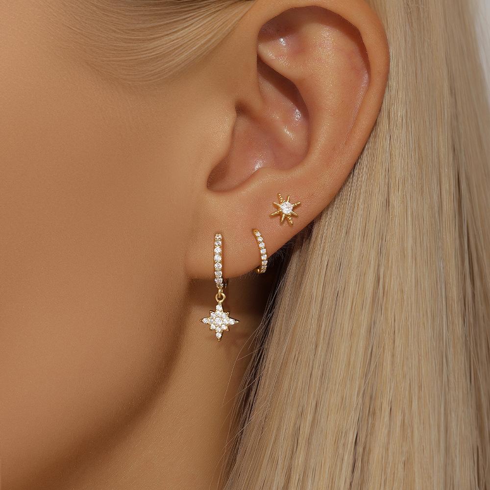 3 Piece Fashion Stainless Steel Round Star Drop Earrings Set for Women 18K Gold Plated Dangle Earring Punk Unisex Rock Zircon