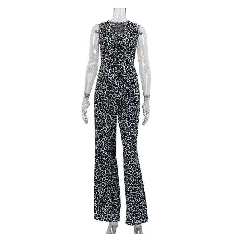 

European and American New Elegant Leopard Print Vest Vest Trousers Set Leopard Print Vest Pants Set Gray Blue L