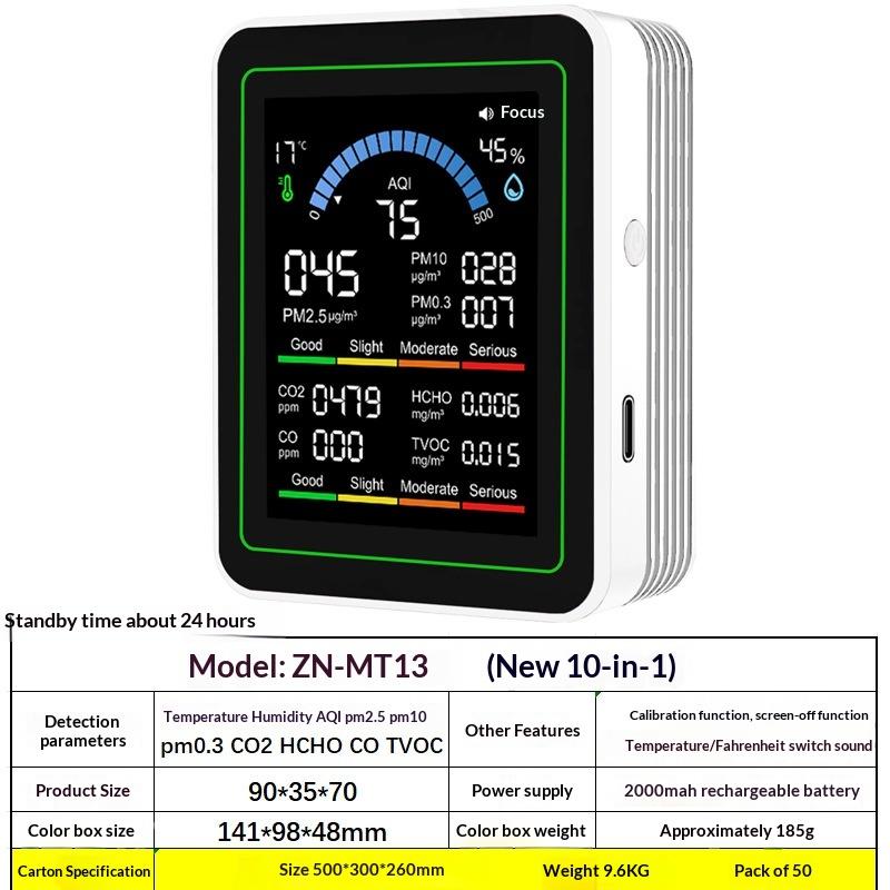 10-i-1 CO2 Luftkvalitetsdetektor PM0.3 PM1.0 PM2.5 PM10 HCHO TVOC Tester Temperatur- og Fugtighedsmåler Kuldioxidmonitor