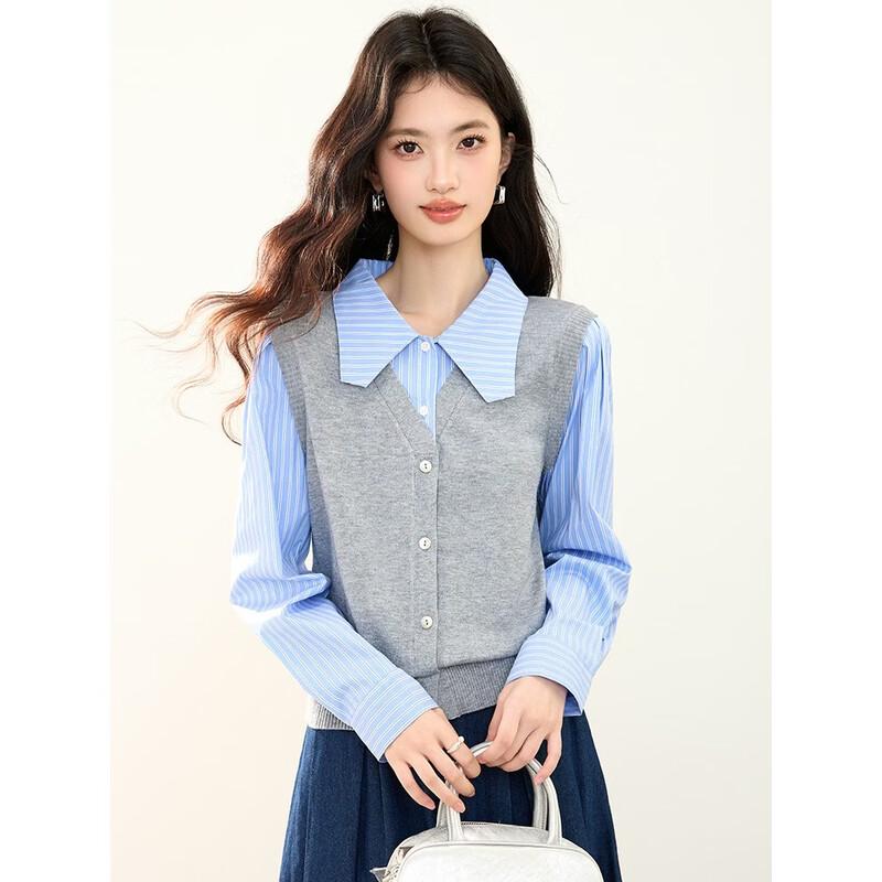 Women's Faux Two-Piece Striped Long Sleeve T-Shirt