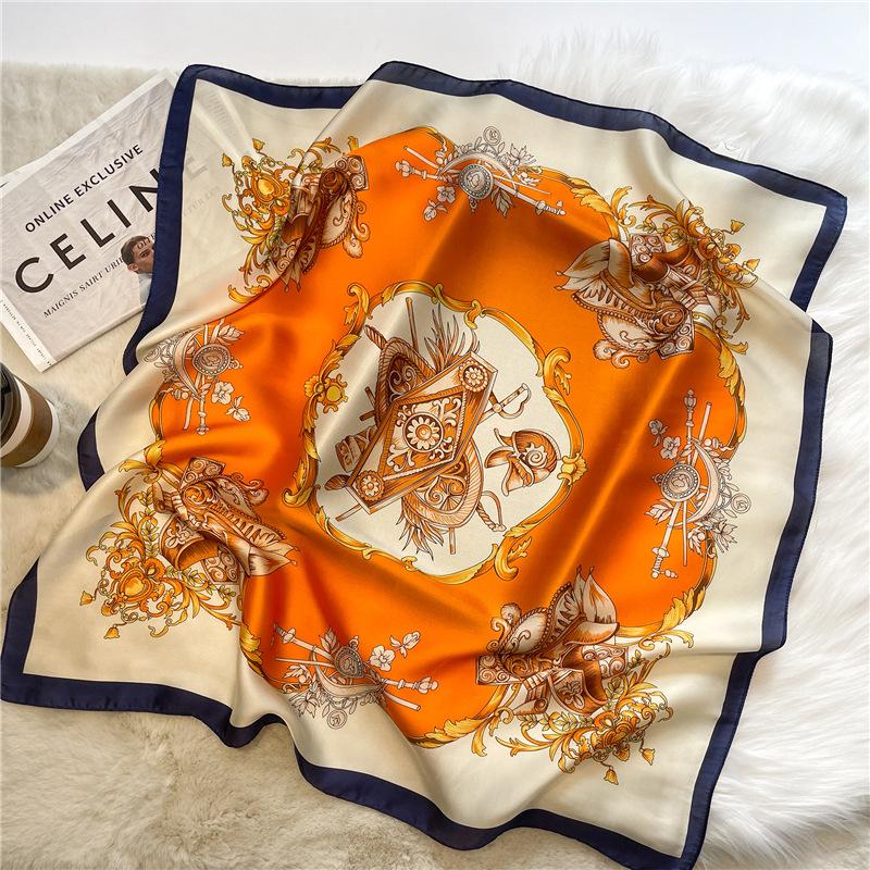 

Elegant Women s Satin Square Scarf With Orange-Blue Altar Print Imitation Silk Scarf Breathable Windproof Fashion Accessory 70x70cm
