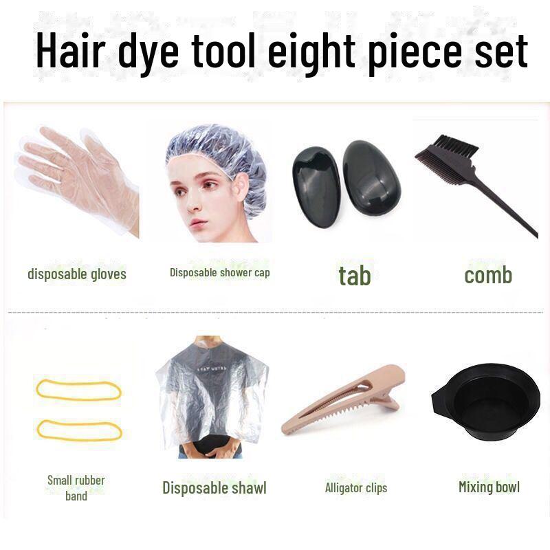 

Набор инструментов для окрашивания волос из 8 предметов: В комплект входят миска, шаль, перчатки и расческа.