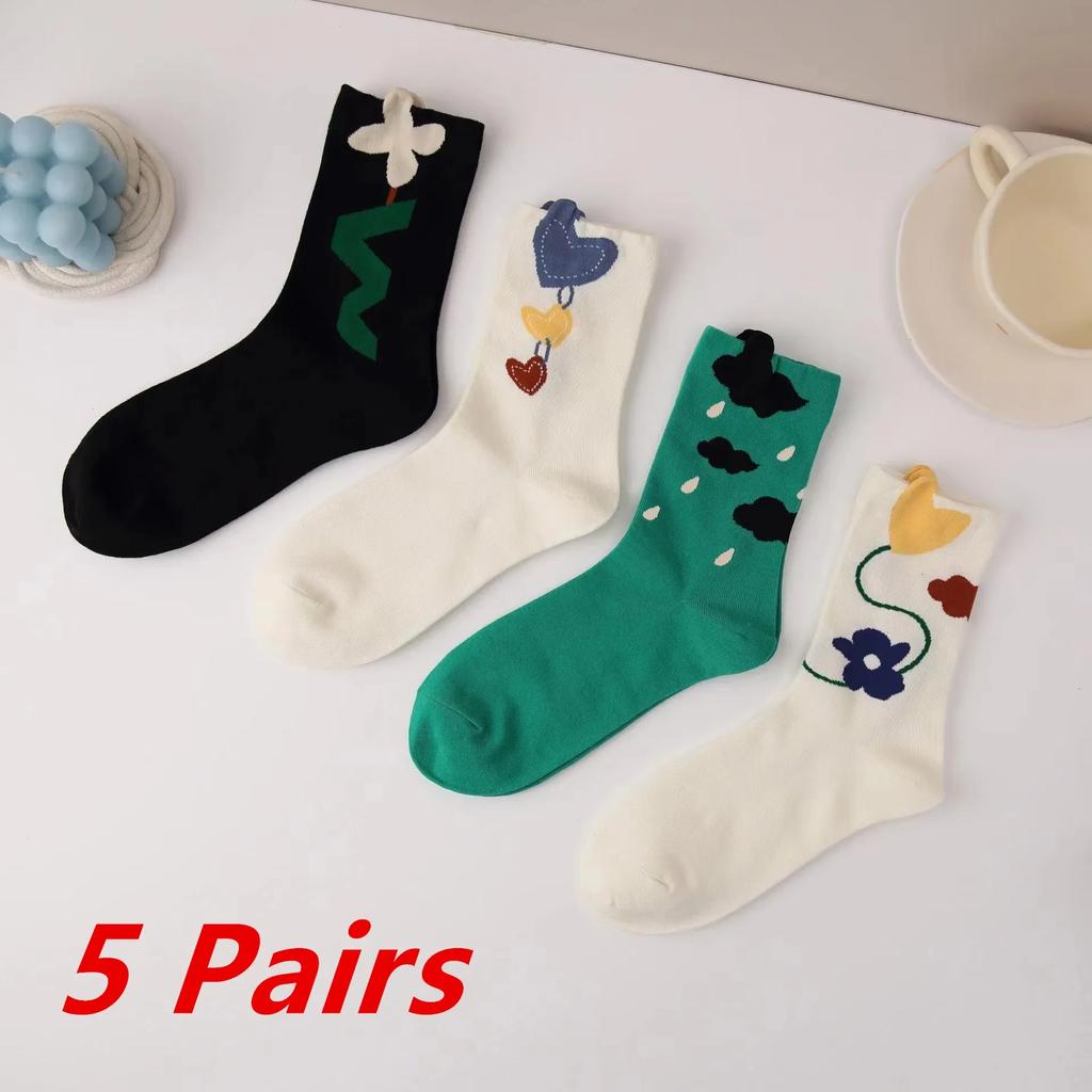 5 Pairs Lot Women Socks Cotton Japanese Korean Style Cute Flower Print Hajuruku Kawaii Floral Breathable Casual Sweet Socks