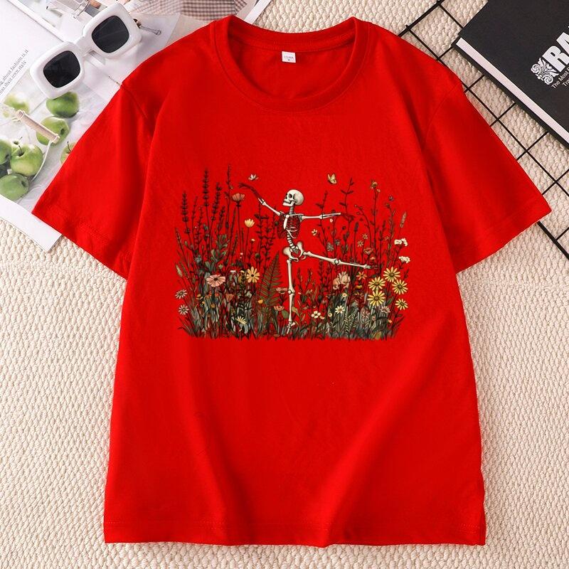 Skeleton Dancing Wildflower Tshirt Unisex Botanical Floral Cottagecore Nature Lover Tshirt Casual Round Neck Short Sleeve Tees