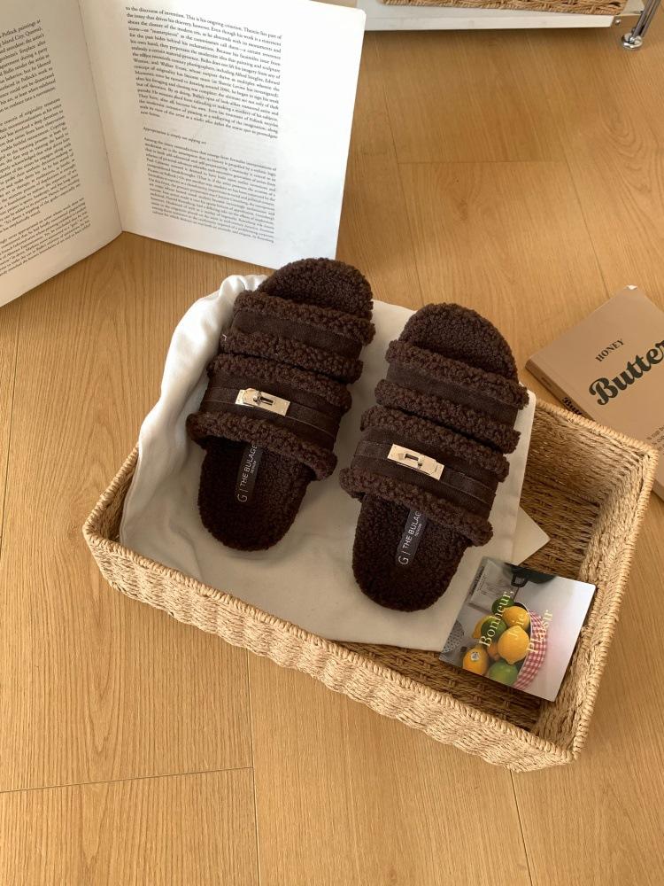 French Gentle Fairy Wind Soft Bottom Round Head Open Toe Metal Buckle Birkenstock One Pedal Lazy Warm Fluff Drag