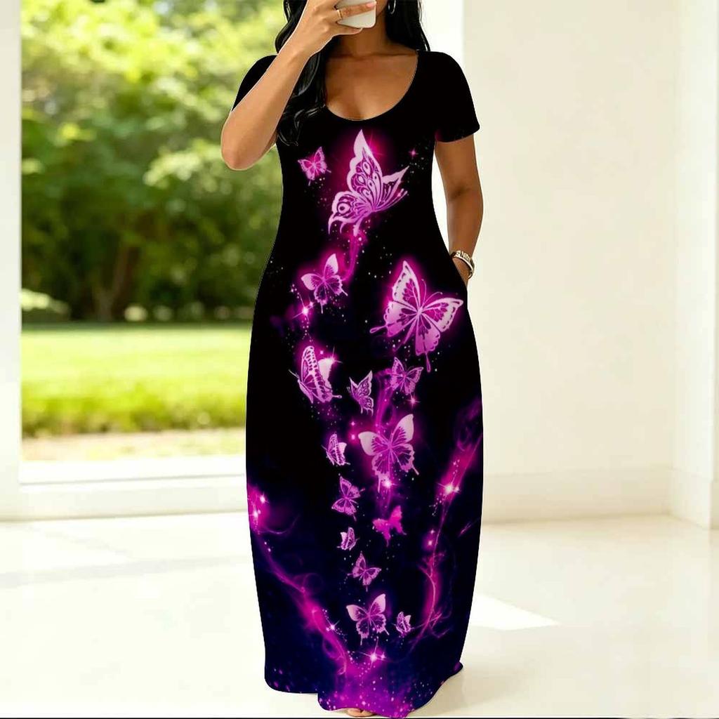 Curvy Women Round Neck Short Sleeve Dress Light Loose Outfit For Summer Daily Life