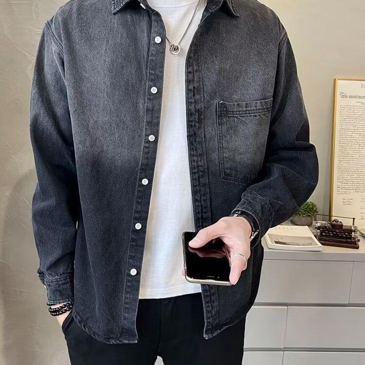 2025 Men's Gradient Denim Jacket - Loose Bad Boy Style in Black & Grey for Spring/Autumn