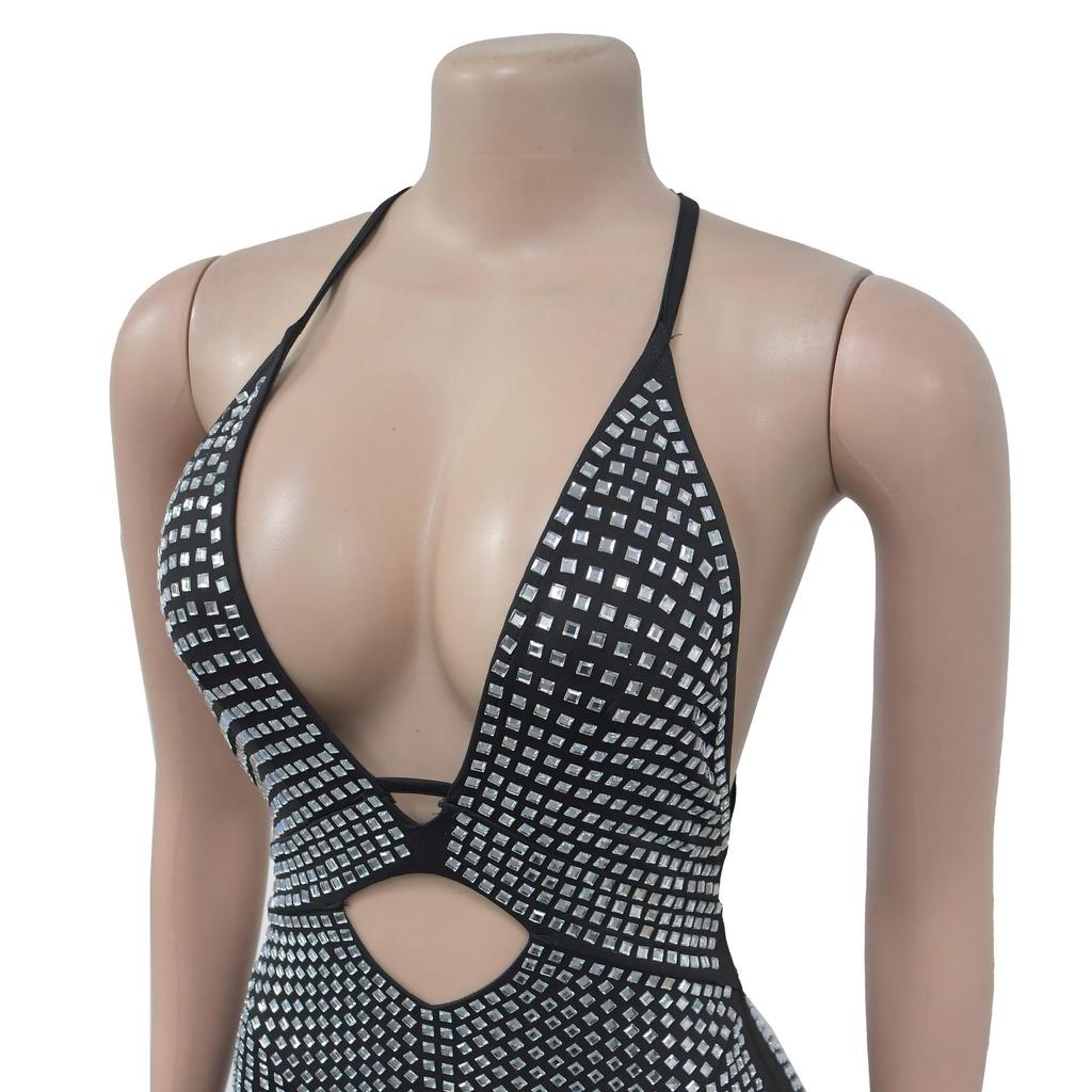 Robe longue sans manches à col en V ornée de strass - Mode féminine européenne et américaine (C6963)