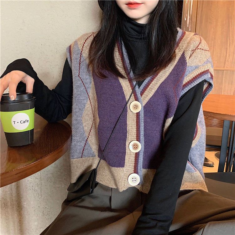 Korean Style Loose Women's Knitted Vest Outerwear Literary Vintage V Neck Sleeveless Sweater Gilet Coat